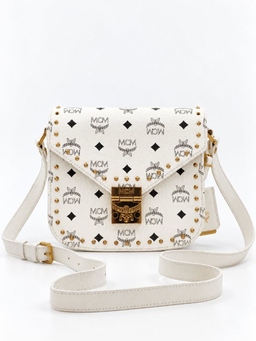 MCM White Visetos Studded Crossbody Shoulder Bag Gold Hardware